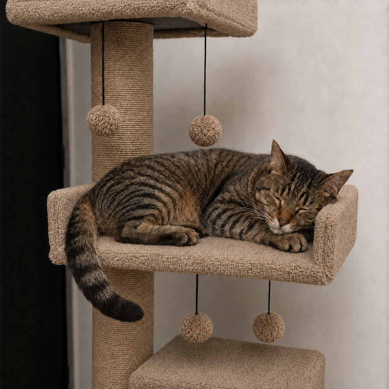 Gato descansando en el rascador multi-nivel